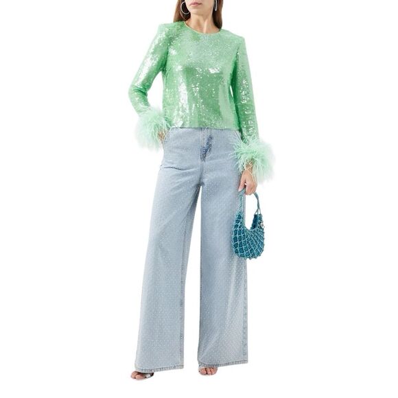 NWT Self-Portrait Blue Rhinestone Wide-Leg Jeans Size 27 - Picture 2 of 16